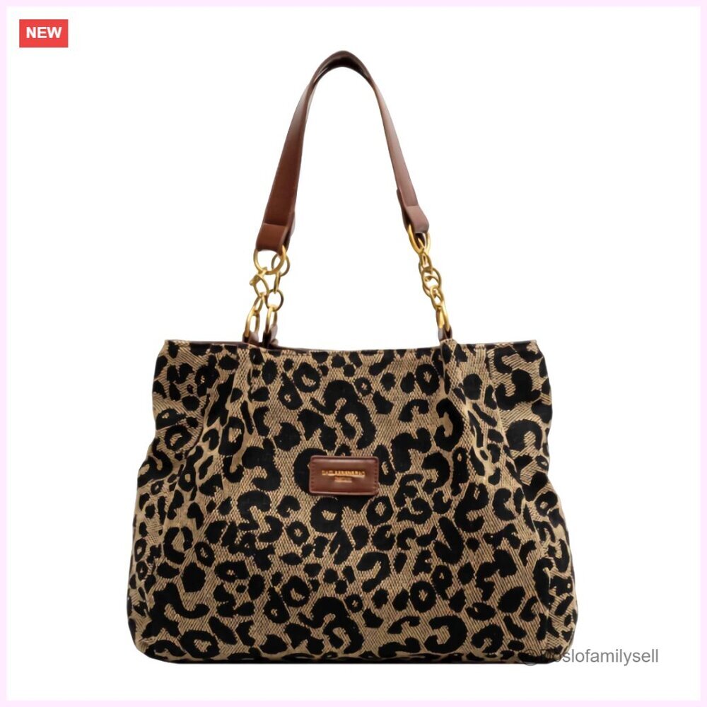 Leopard Print Canvas Tote Bag with Chain Strap, Adjustable Shoulder Bag